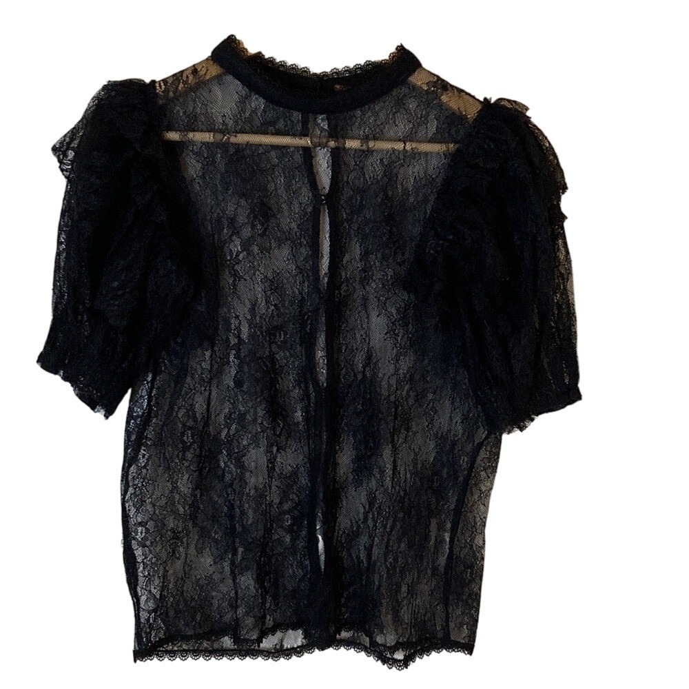 Free People Secret Admirer Black Lace Top Blouse Size M Short Poof Sleeve Girly